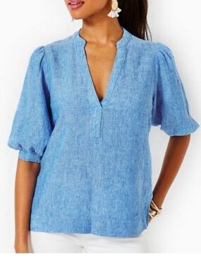 Lilly Pulitzer Mialeigh Linen Top Size 16 Puff Sleeve Coastal Chic Old Money